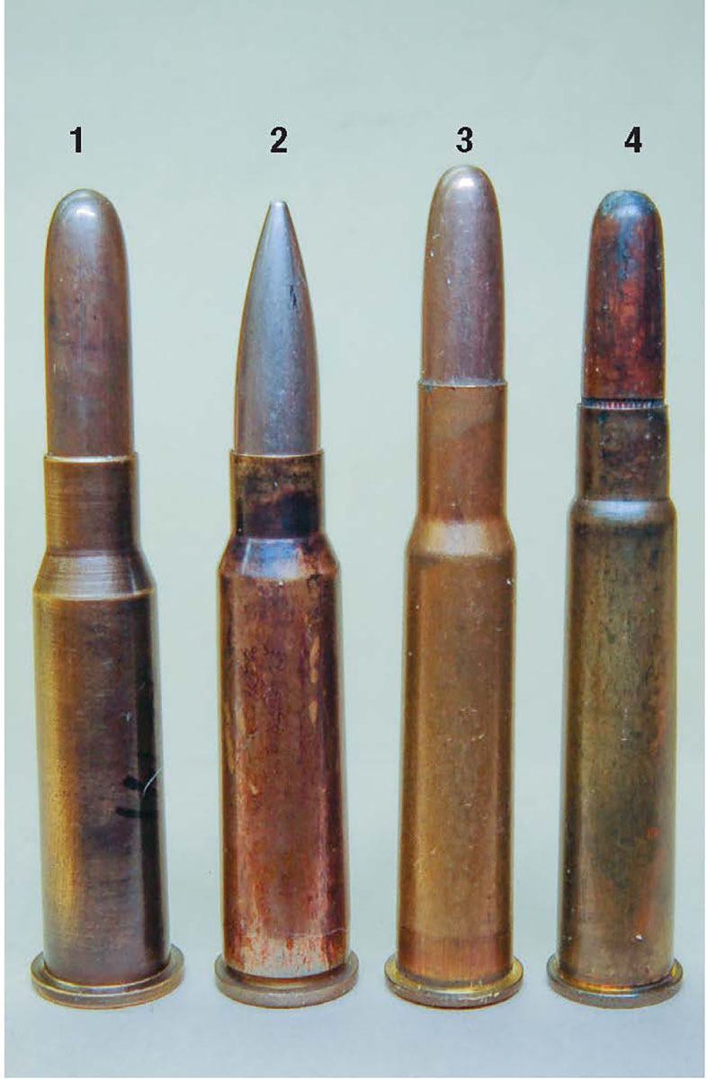 Cartridges for the Siamese Mauser include: (1) original 8x50Rmm, (2) later 8x52Rmm, (3) 30-40 Krag and (4) 303 British.
